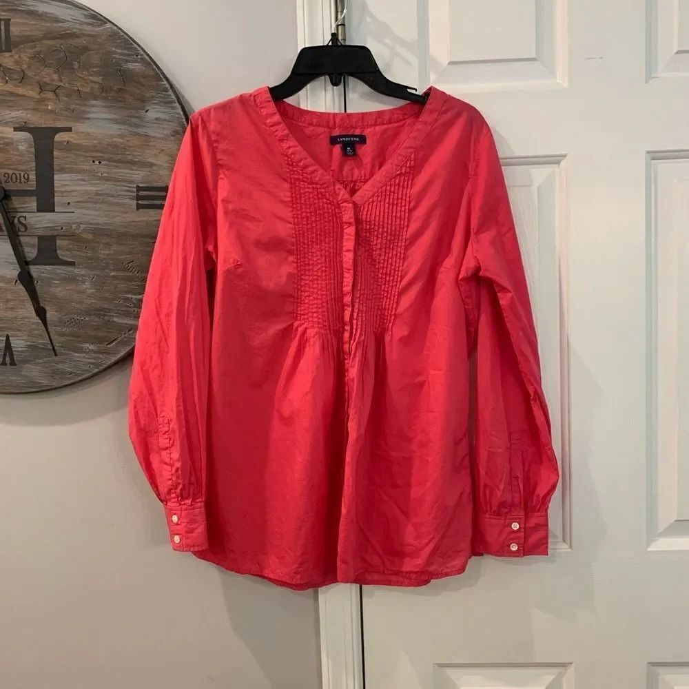 Lands End Pink Pin Tuck Blouse sz M